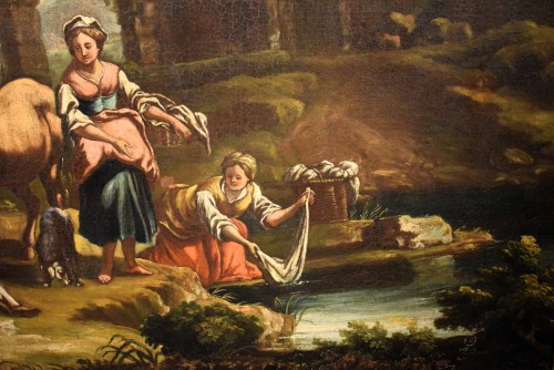 Antiquités - Bergers et lavandières au bord de la rivière - école Italienne du 18e siècle